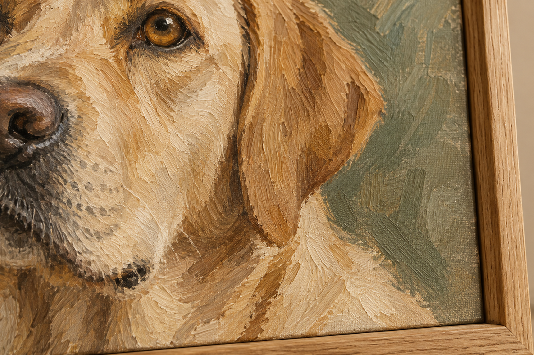 Concept illustration of oil brushwork and a light wood frame.