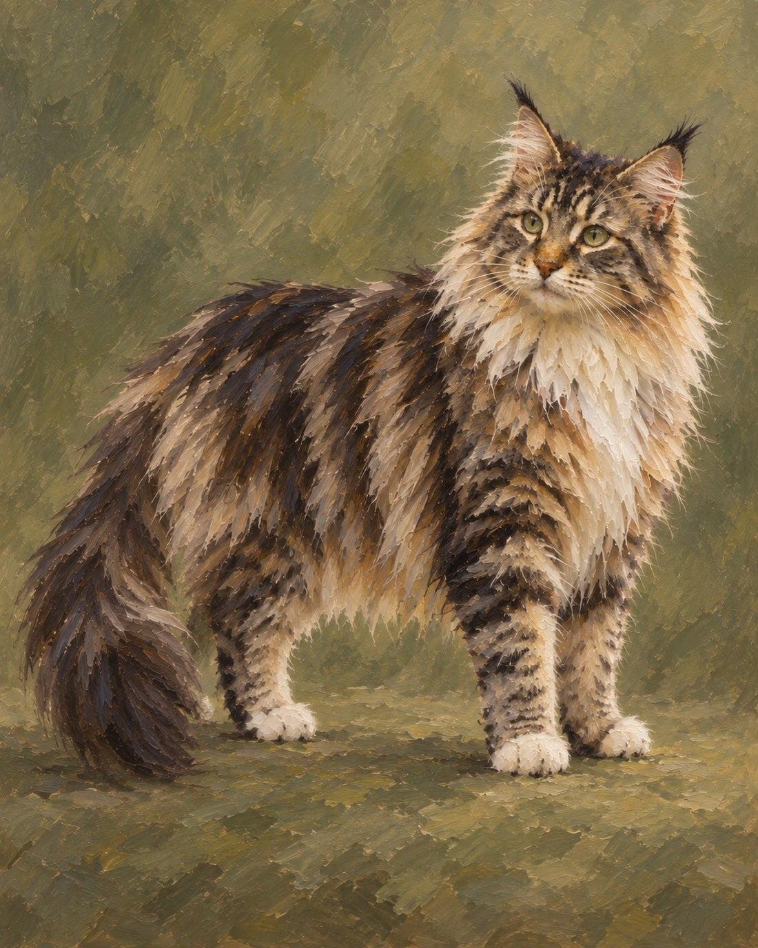 Natural Norwegian Forest Cat portrait showing a relaxed side-on stance and an attentive expression.