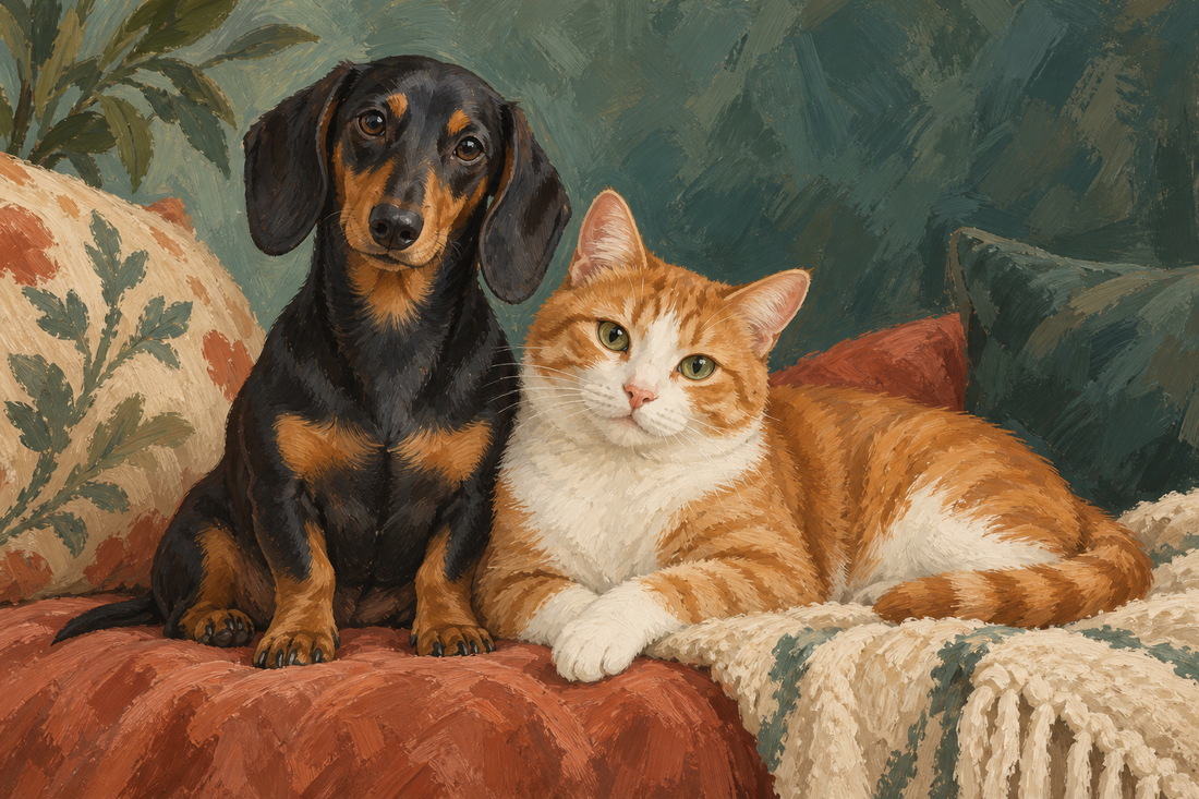 Shared portrait illustration of a seated Dachshund and a reclining ginger-and-white cat.