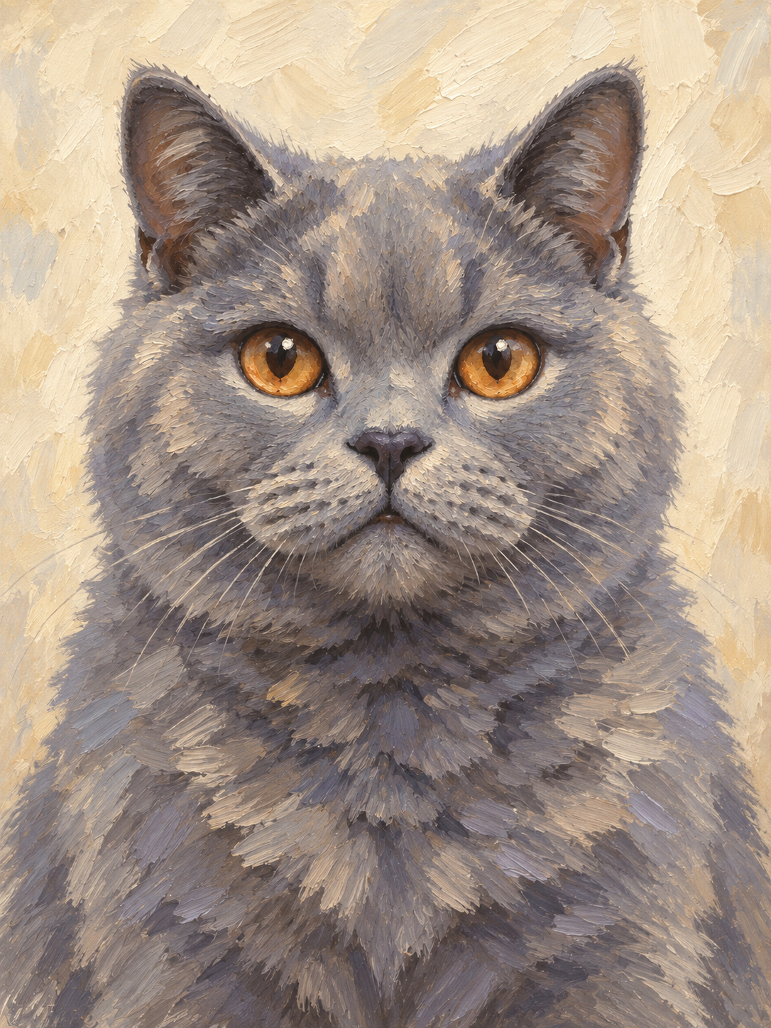 Design illustration of a front-facing grey British Shorthair cat portrait with amber eyes and visible painterly brushstrokes.