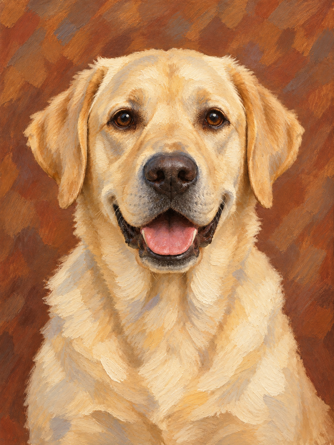 Classic pet portrait design illustration of a front-facing yellow Labrador with a relaxed expression and visible painted brushstrokes.