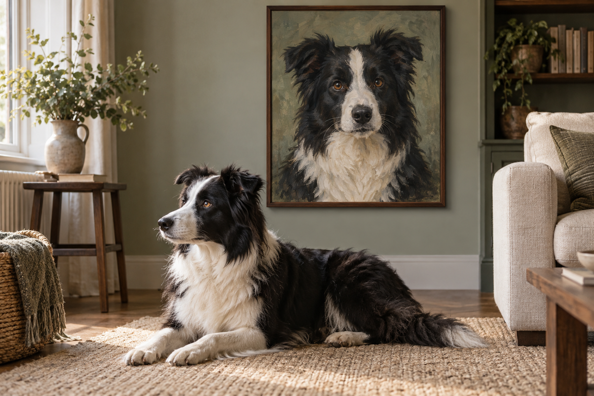 Home styling visualisation with a Border Collie beside its framed classic portrait; the dog and painting have different poses.