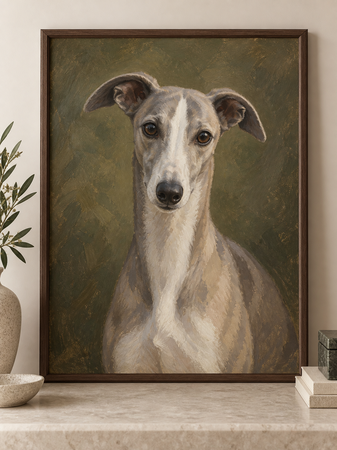 Framed classic-style portrait illustration of a blue-fawn and white Whippet.