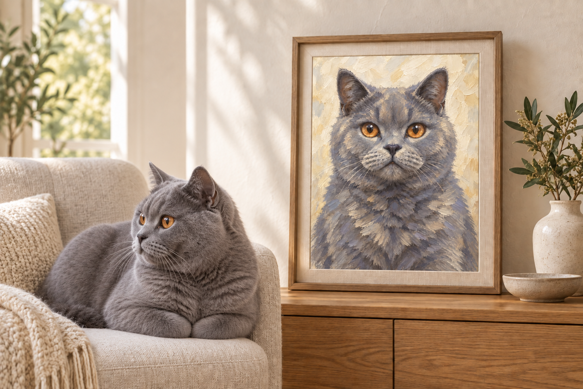 Styling visualisation of a grey cat resting beside its framed portrait, looking towards a window while the painted cat faces forward.
