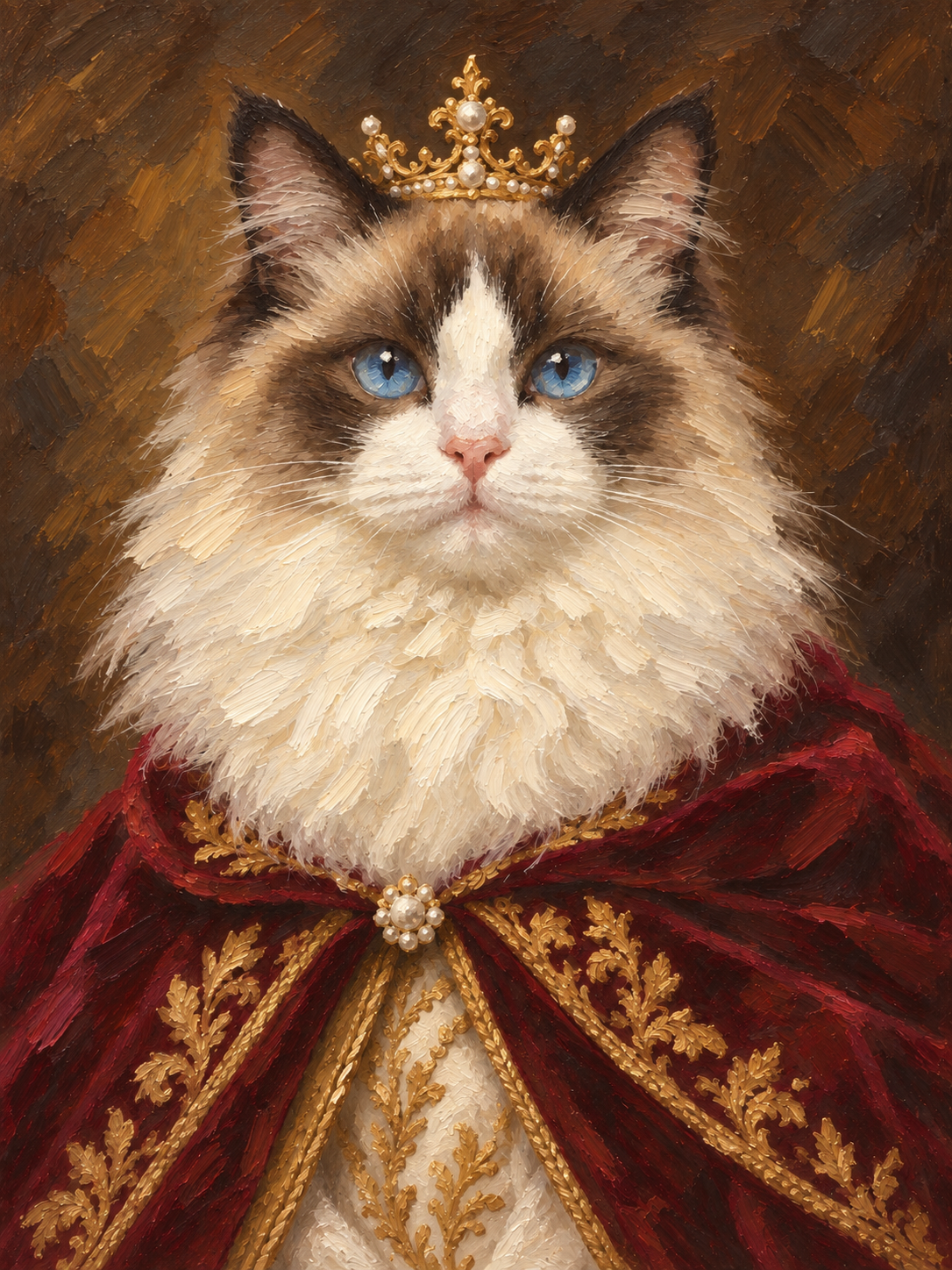 Royal pet portrait design illustration of a blue-eyed Ragdoll cat wearing a gold crown and burgundy cape, with visible painterly brushstrokes.