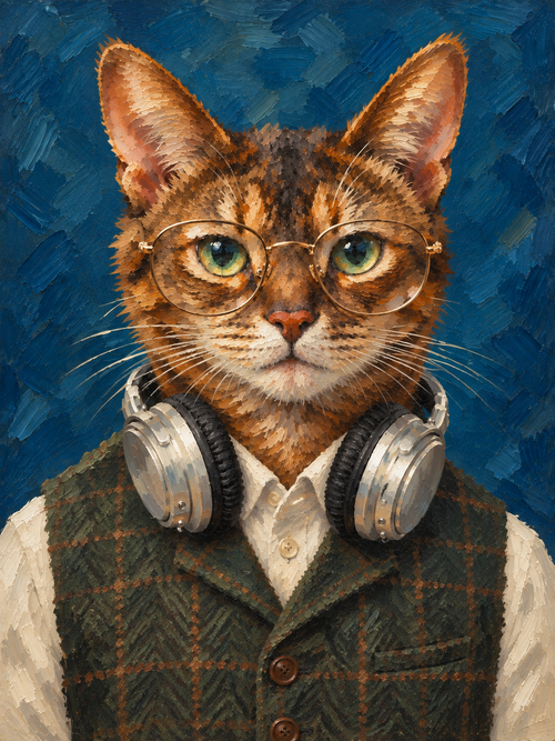 Scholar pet portrait design illustration: a tabby cat wearing round glasses, headphones and a tweed waistcoat, with visible painted brushstrokes.