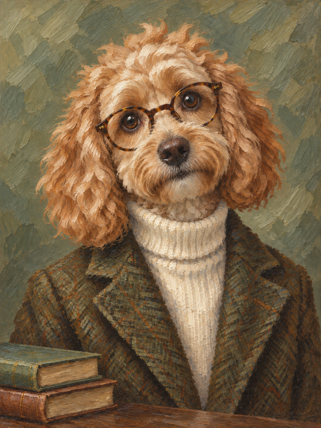 Scholar pet portrait design illustration of an apricot Cockapoo wearing glasses, an ivory turtleneck and a tweed jacket beside books.