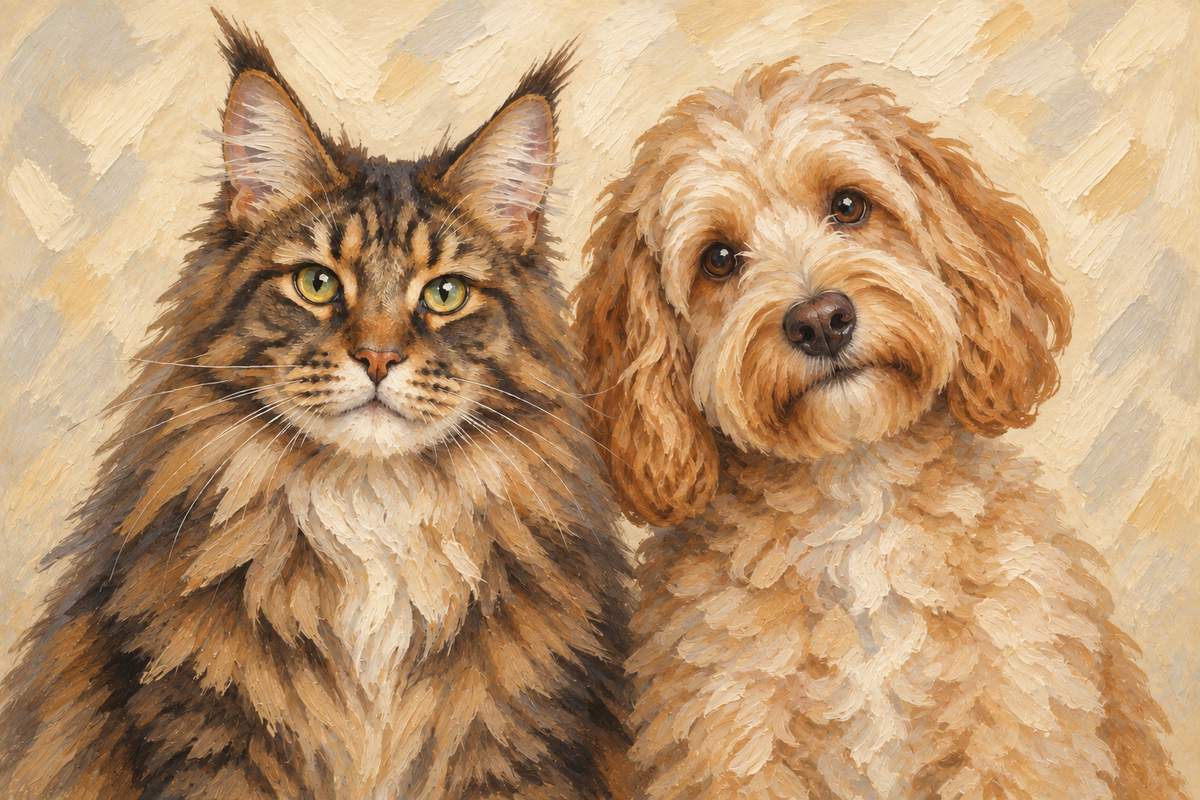 Multi-pet portrait design illustration of a Maine Coon cat and an apricot Cockapoo together against a warm ivory background.
