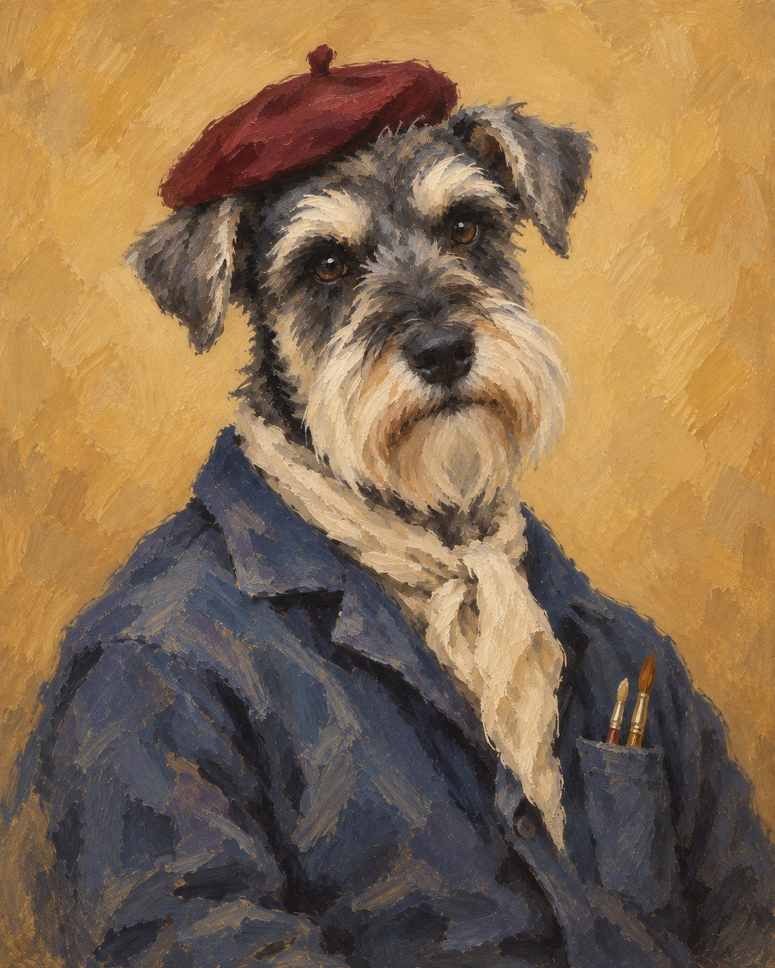 Painterly Schnauzer character portrait in a relaxed artist smock.