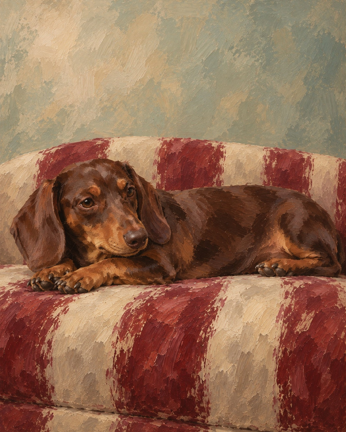 Relaxed dachshund in a painterly portrait with warm colours.
